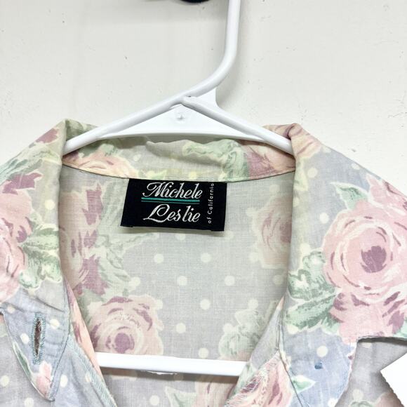 Vintage 90s Michelle Leslie Blue Floral Short Sleeve Oversized Women's Shirt LG - Picture 2 of 3